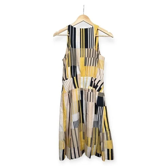 Anthropologie Maeve Silk Yellow Black Geometric Midi Dress 0 Pockets Mod - Picture 8 of 9